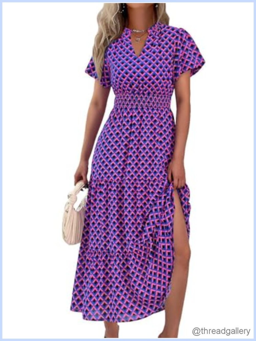 Women's Floral Maxi Dress Short Puff Sleeve V-Neck Smocked Waist Casual